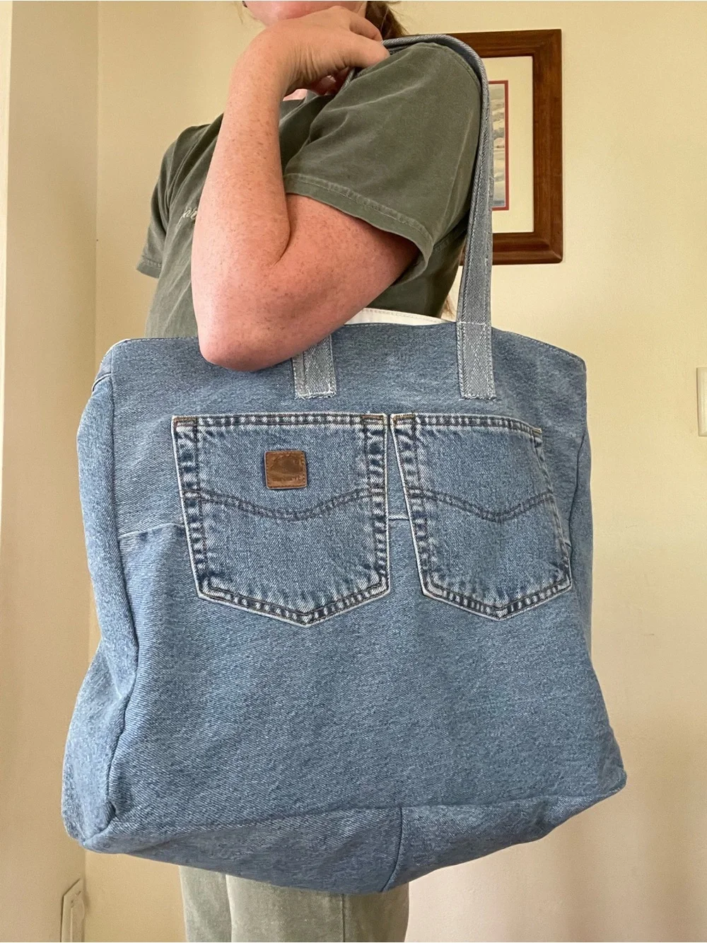 Denim Tote Bag with Front Pocket Detail - Blue